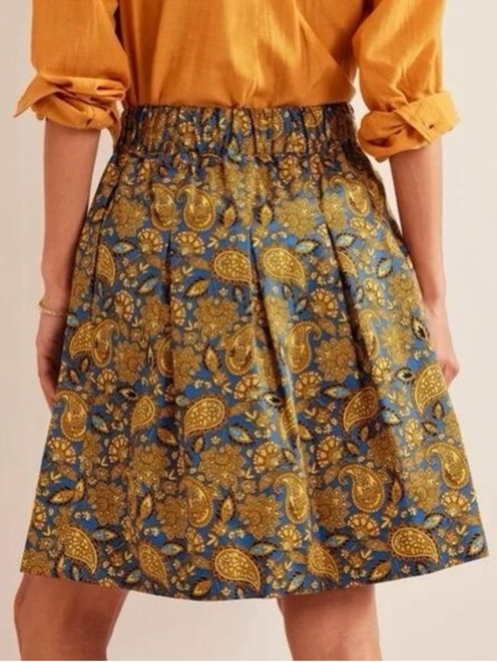 Boden Harvest Gold Paisley Pleated Cotton Skirt - Picture 2 of 9